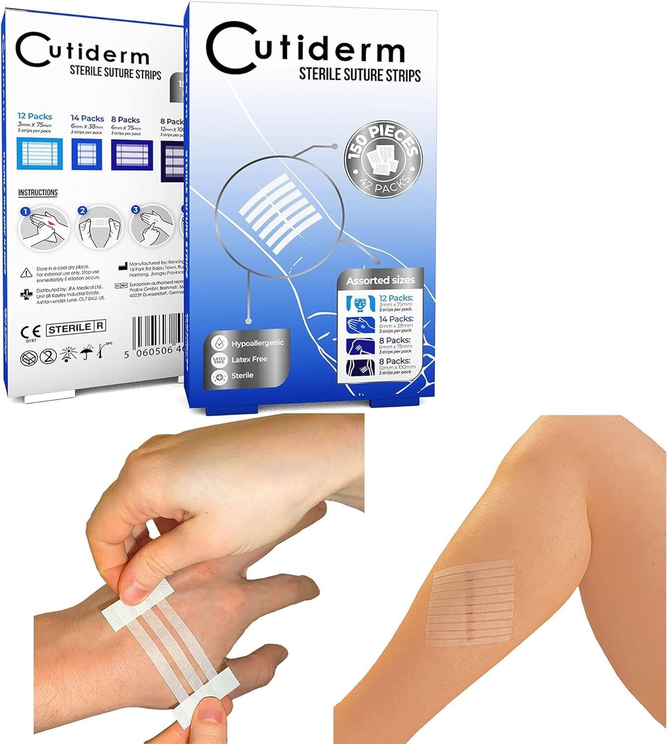 Cutiderm Sterile Skin Wound Closure Suture Strips, 4 Sizes - 150 Strips