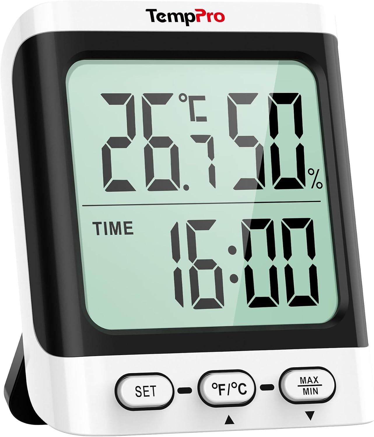TempPro TP152 Hygrometer Indoor Thermometer with Clock Baby Room Monitor Large