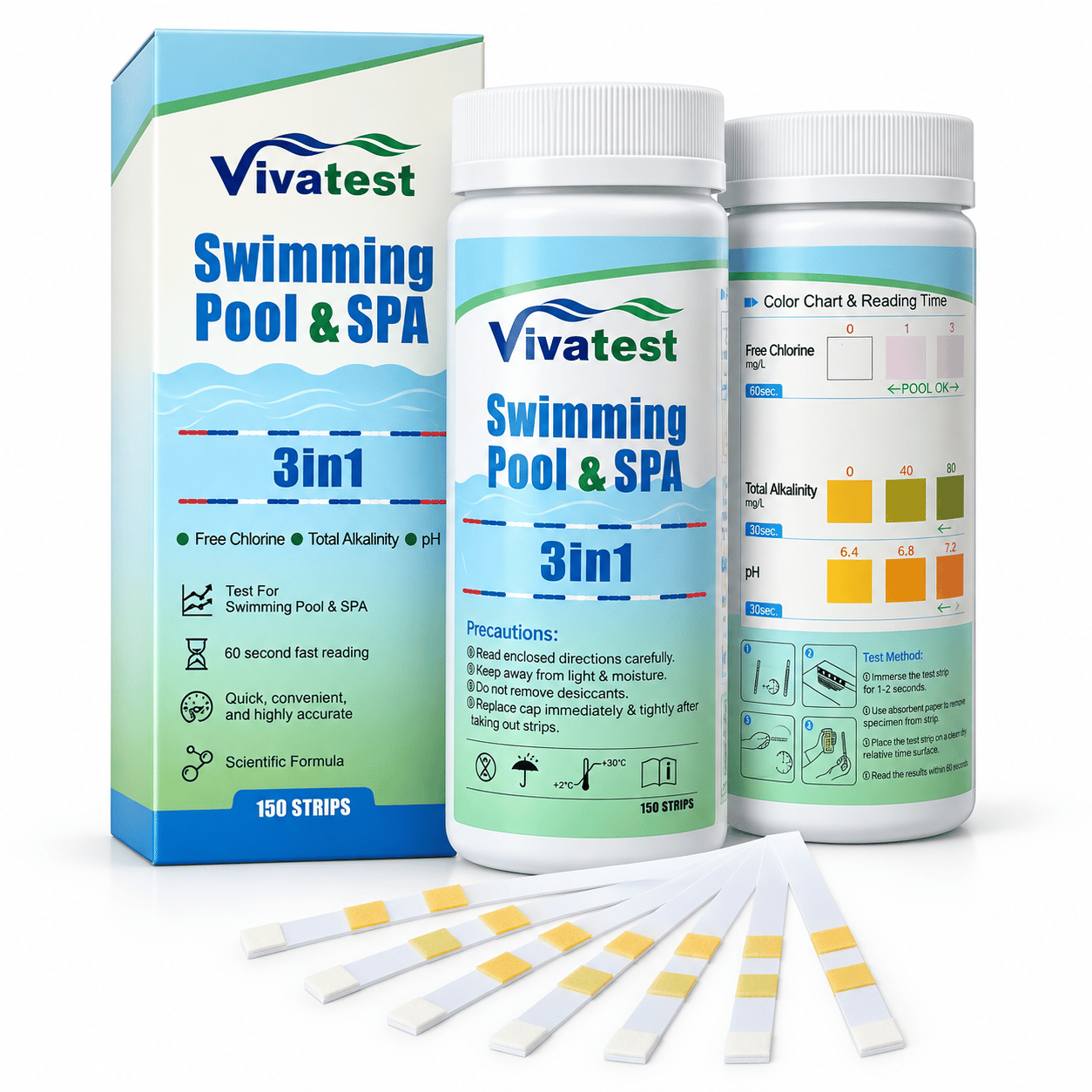 VivaTest 3-in-1 Pool & Hot Tub Water Test Strips – 150 Pack Chlorine pH Alkalini
