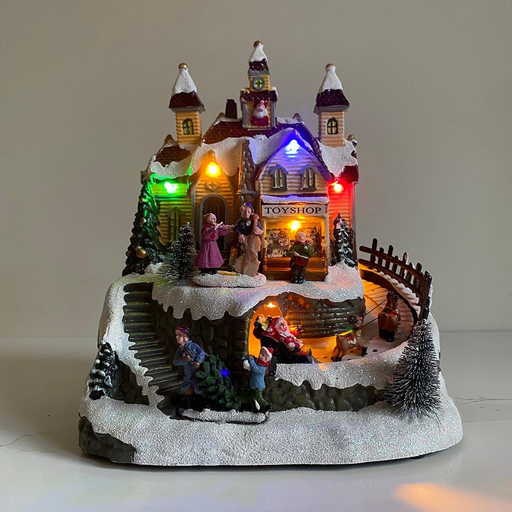 Christmas Village Scene Toy Shop Decoration with LED Moving Santa Sleigh & Sound