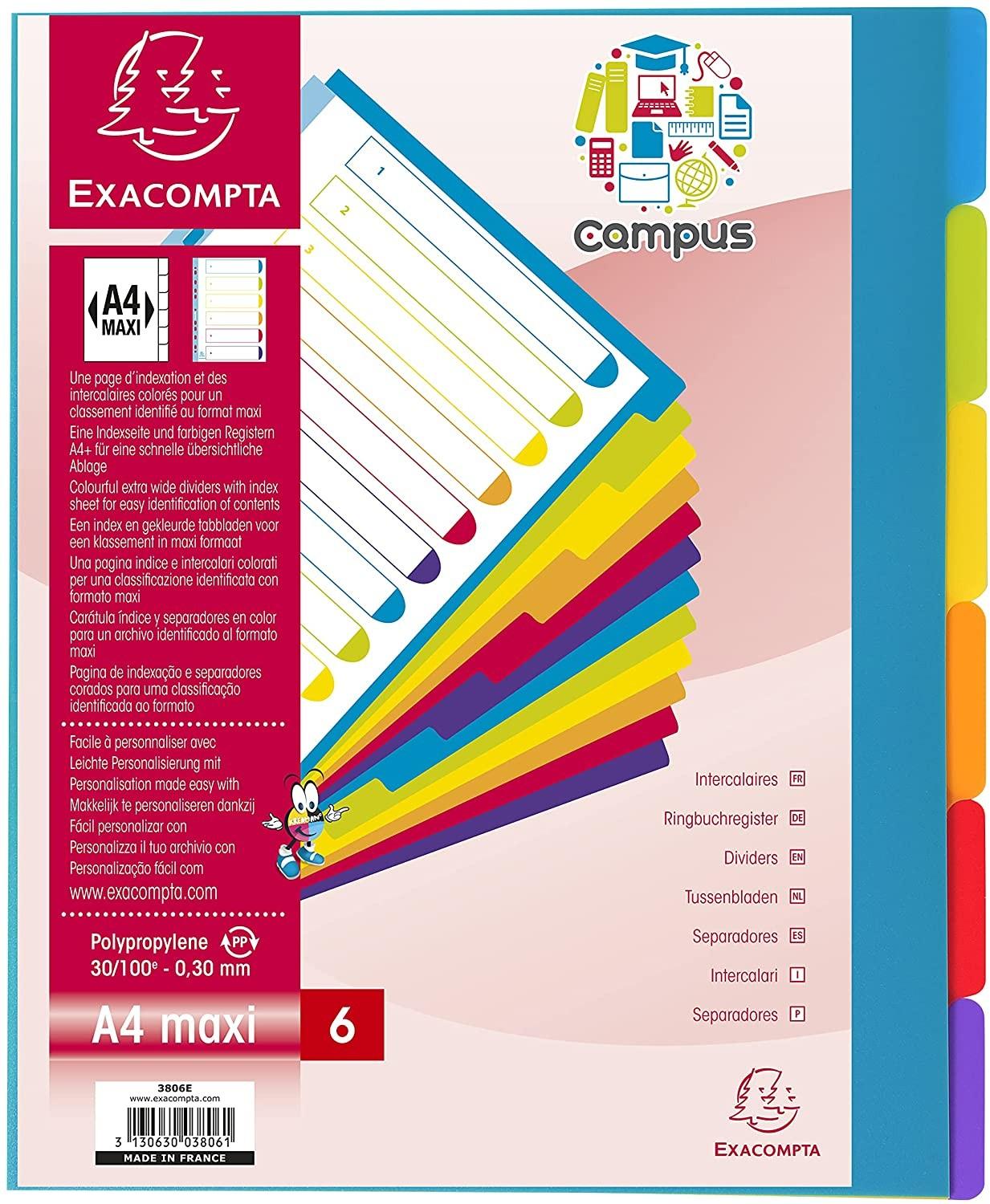 A4+ Extra Wide 6 Pt Plastic Dividers Exacompta Campus Translucent Bright Colours