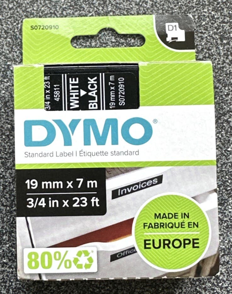 Original Dymo 45811 White on Black 19mm x 7m D1 Label Cartridge (S0720910)