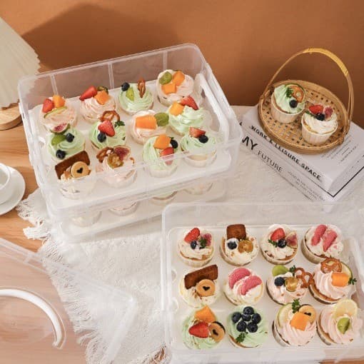 B&Q -  3 Tier Stackable Cupcake Carrier Box Muffin Cake Holder Plastic Clear Container - Image 2