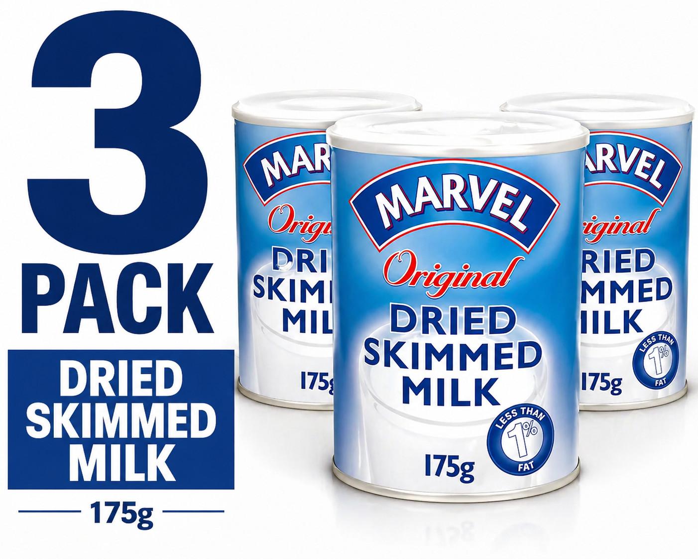 Marvel Dried Skimmed Milk 3 Pack 175g Bulk Value Low Fat Powder Milk