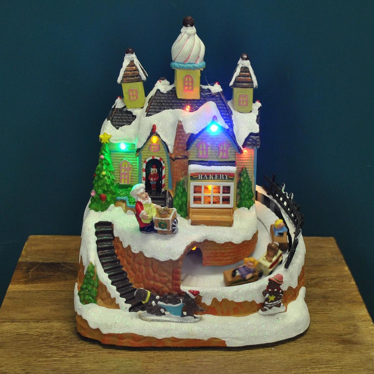 Christmas Village Scene Bakery Decoration with LEDs Moving Santa Sleigh & Sound