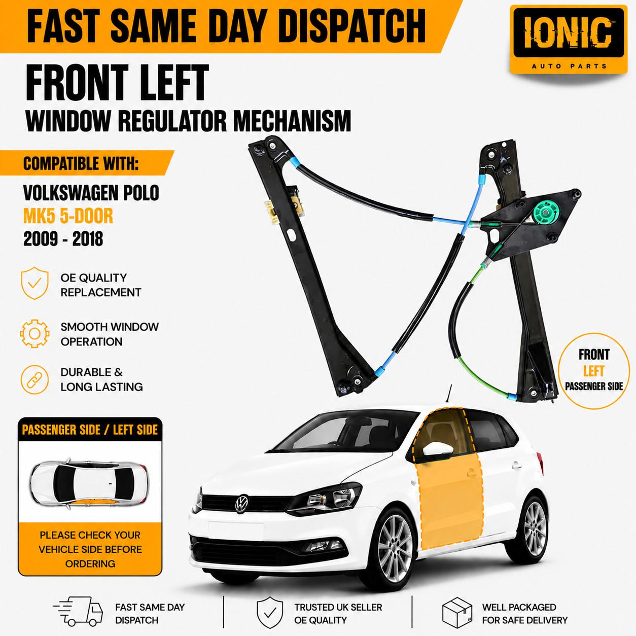 VW Polo Mk5 (5-Door) Passenger Left Front Window Regulator Mechanism 2009–2018