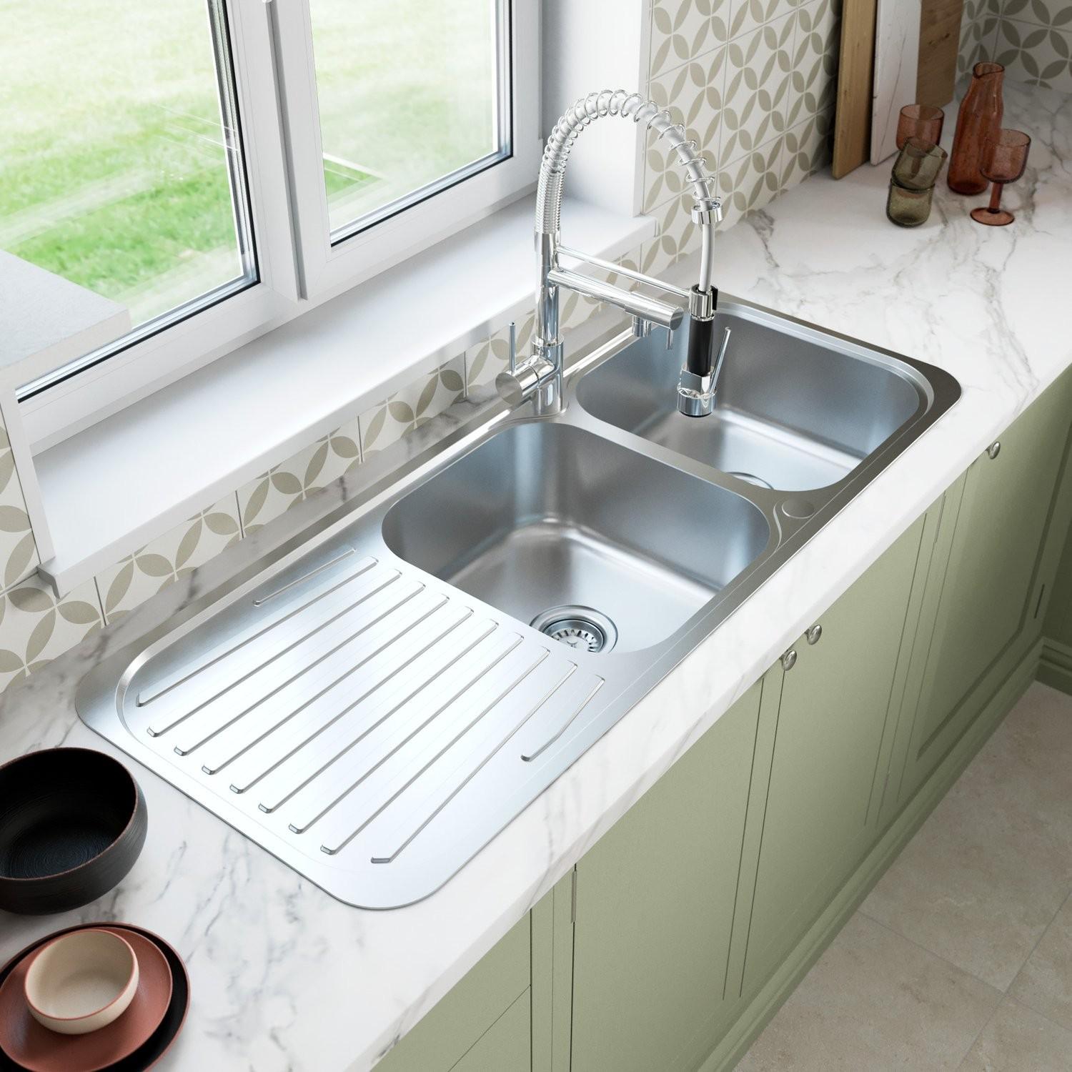 Stainless Steel Double Bowl Kitchen Sink Left Hand Modern Drainer Basket Wastes