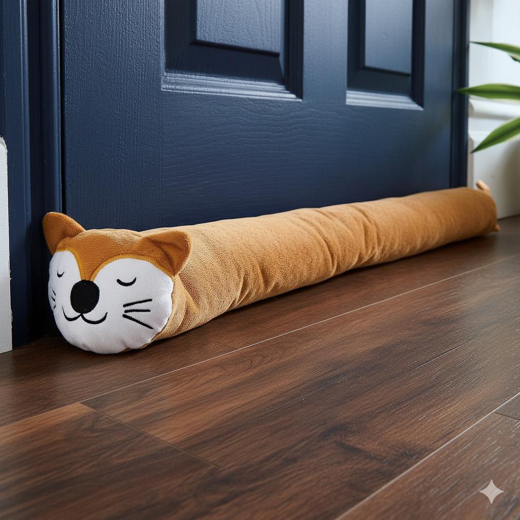 Draught Excluder Brown Durable Fabric Cute Sleepy Cat Weighted with Loop indoor