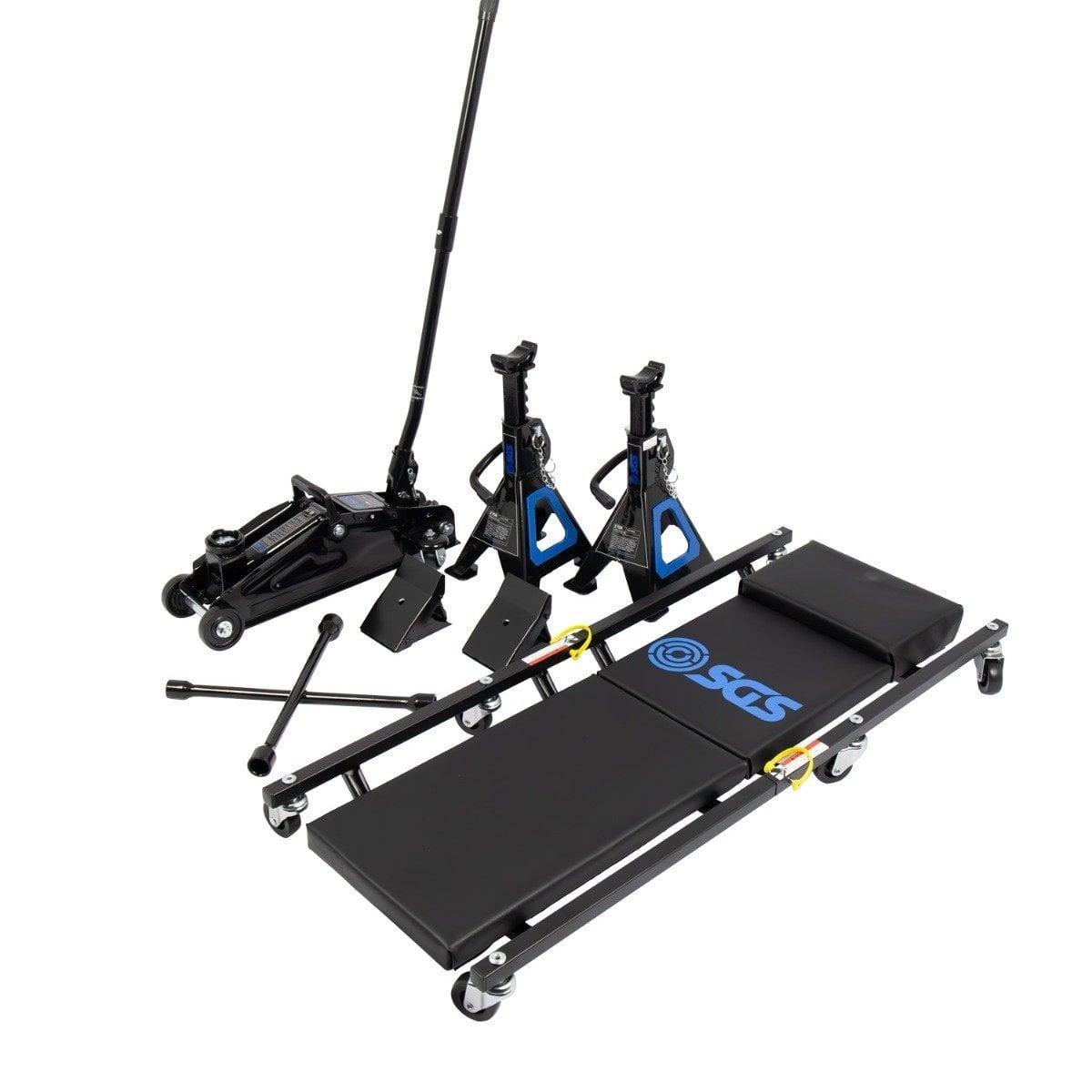 SGS Auto Garage Set 5pc Car Creeper, 2T Jack, 2x 2T Axle Stands, Chocks & Wrench